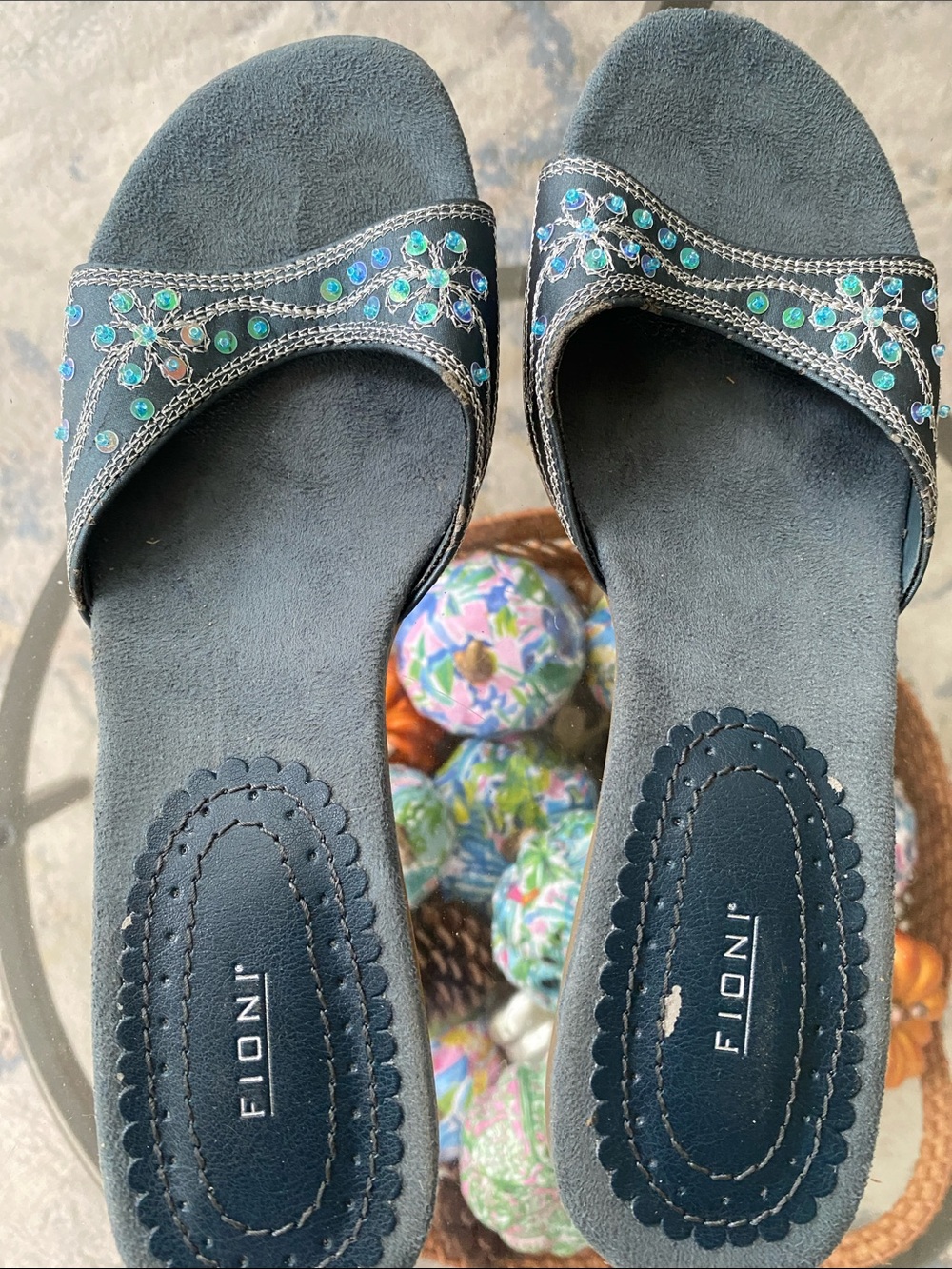 FIONI kitten heel slip on shoes BlueJeweled with Turquoise Accents